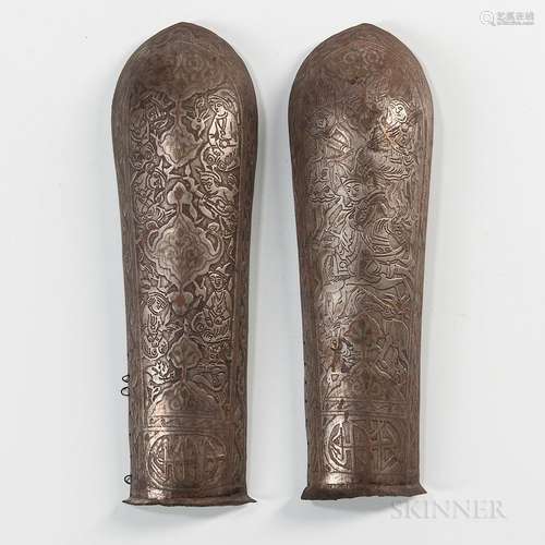 Two Bazu Band Arm Guards, Persia, 19th century, both incised in relief, one with warriors on horseback and archers, the other with seat