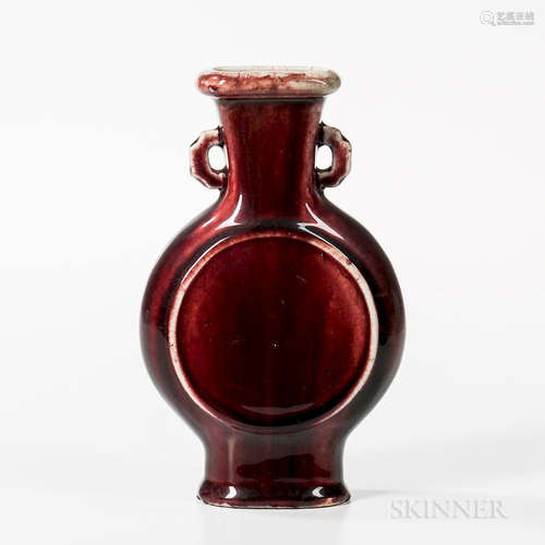 Flambe-glazed Flask Vase, China, with flanged banded mouth, on a stem foot, with shaped loops to neck, decorated with a raised ring to