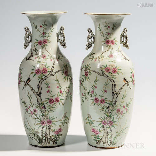 Pair of Large Enameled Porcelain Vases, China, mid-20th century, baluster shape with applied openwork decoration, with a bird-and-flowe