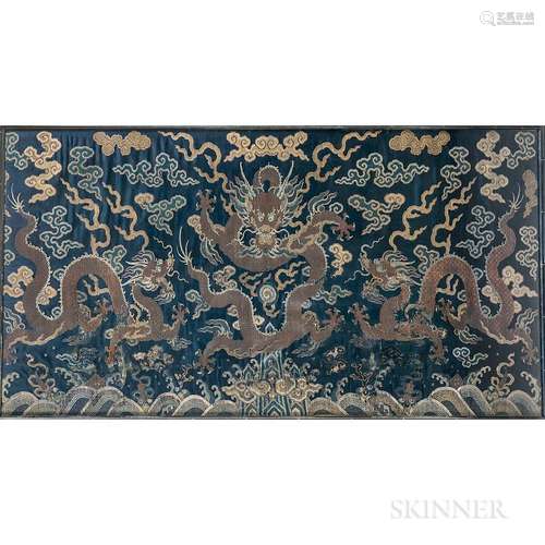 Embroidered Altar Frontal Panel, China, possibly 18th century, brocade woven with a central front-facing dragon and a flaming pearl, wi