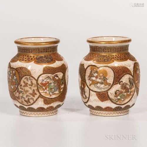 Pair of Small Satsuma Vases, Japan, Meiji period, each short baluster shape with waisted neck and rolled rim, on a short raised foot, d
