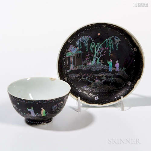 Mother-of-pearl-inlaid White Porcelain Cup and Saucer, China, possibly Kangxi period, a rounded shallow dish and a bowl-shape cup, deco