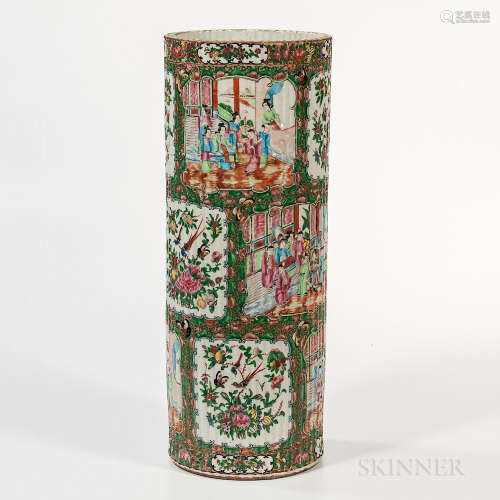 Export Rose Medallion Umbrella Stand, China, 19th century, the cylindrical body ribbed and encircled with molded ribbon bands, decorate