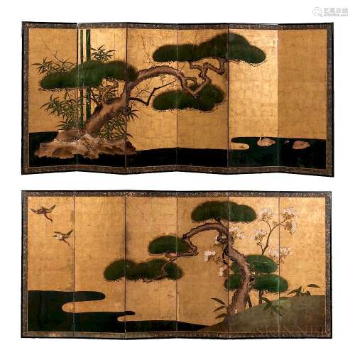 Pair of Kano School Screen Paintings, Japan, early 19th century, depicting the 