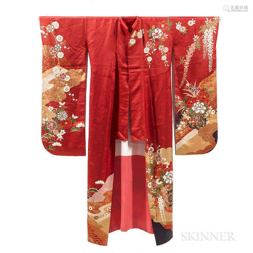 Kimono with Two Obi-age Sashes, Japan, 20th century, the red kimono decorated with a variety of flowers in red, gold, and green, the tw