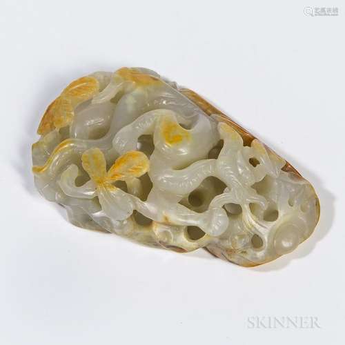 Jade Openwork Pendant, China, pebble form, decorated with a dragon and foliate scrolls, celadon stone with russet and gray markings, ht