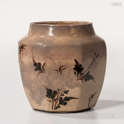Cizhou Ware Jar, China, bulbous octagonal form painted with a floral branch and bats in iron brown, incised details, allover crackling,