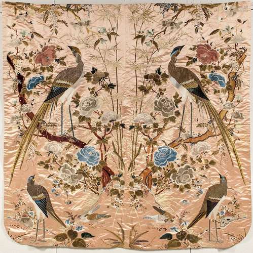 Embroidered Coverlet, China, late 19th/early 20th century, two panels depicting pheasants and songbirds perched on branches amid peonie