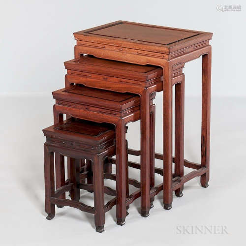 Set of Four Hardwood Nesting Tables, China, late 20th century, single board panel set in frame with 