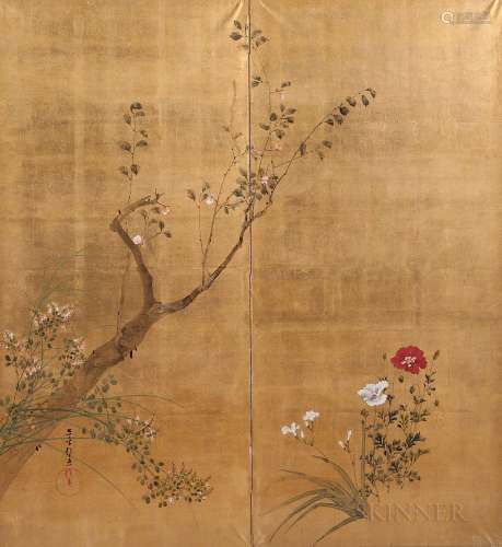Two-panel Screen Painting, Japan, Rimpa style, depicting a blooming tree and flowers against a gold ground, with an inscription partial