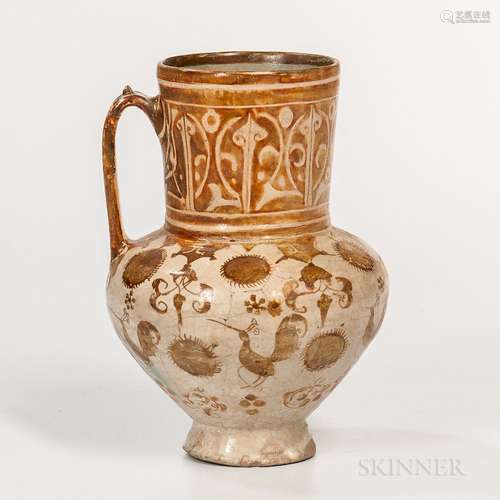 Kashan Lustre Jug, Persia, possibly Seljuk period, compressed round body tapering at the foot, decorated with alternating sun, bird, an