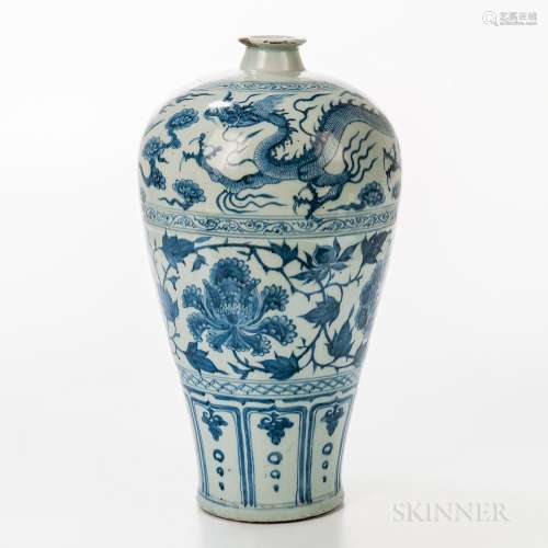 Blue and White Meiping Vase, China, possibly Yuan dynasty, with short splayed neck and everted rim, the bulbous shoulder decorated with