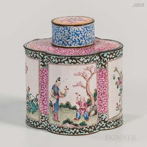 Canton Enamel Covered Tea Caddy, China, 19th century, quatrefoil form decorated with floral sprays and figures in garden scenes bordere