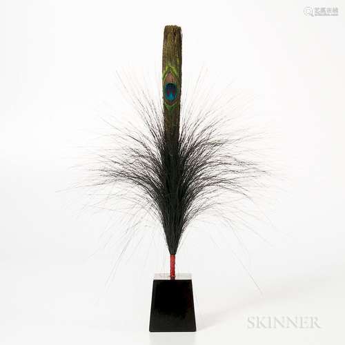 Peacock Feather for Hat Adornment, China, designed to form a closed folding fan rising from spouting strands of feather, mounted on a w