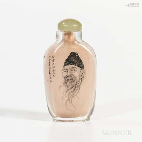 Interior Painted Glass Snuff Bottle, China, the front decorated with a portrait of Qi Baishi, calligraphy on the reverse, signed 