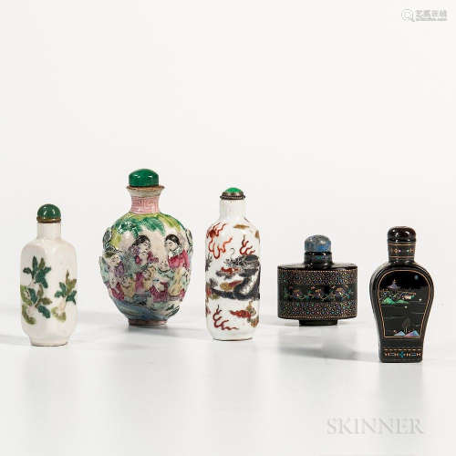 Five Snuff Bottles, China, 19th/20th century, two porcelain: a cylindrical form decorated with a dragon, the other an elongated square
