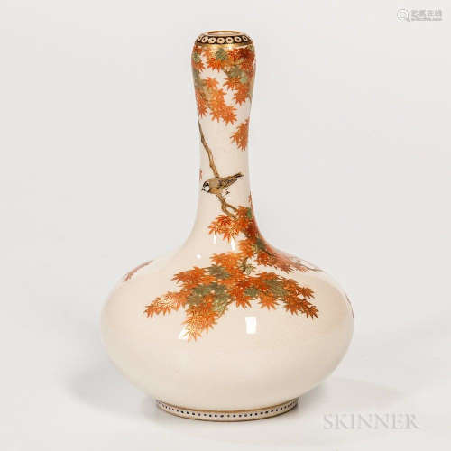 Small Satsuma Vase, Japan, compressed globular form with long neck to a bulbous mouth, decorated with maple leaves and birds, illegible