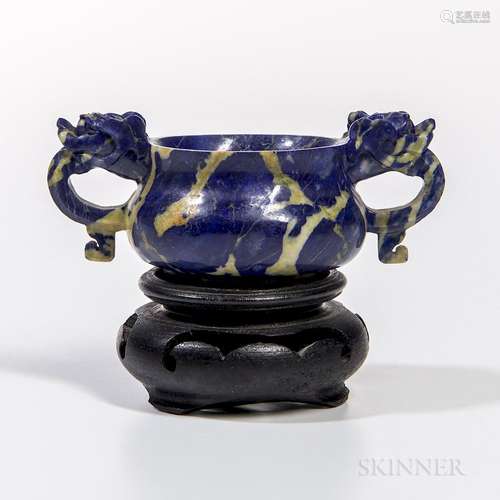 Miniature Stone Censer with Dragon Handles, China, possibly 18th century, finely modeled form with very well-carved dragon head handles