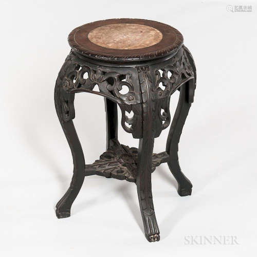 Small Marble-top Four-legged Stand, China, 19th/20th century, with round seat and cabriole legs, decorated with openwork floral and fol