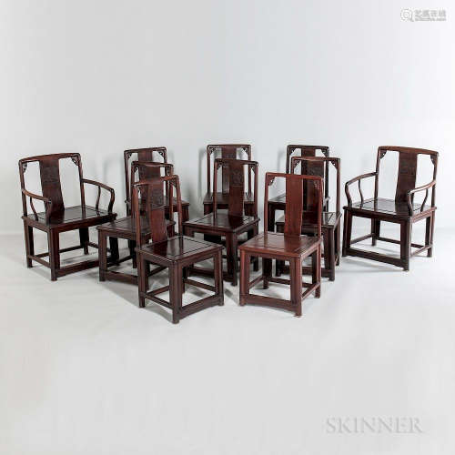 Set of Ten Hardwood Dining Chairs, China, 20th century, two 