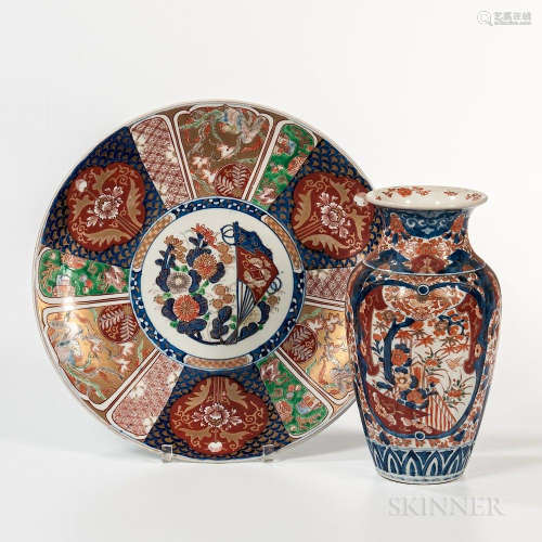 Large Imari Charger and a Vase, Japan, 20th century, the charger decorated in polychrome enamels and gold with a chrysanthemum roundel;