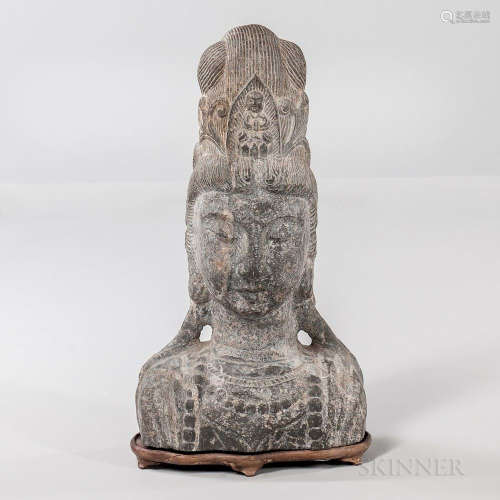 Limestone Head Bust of Guanyin, China, Northern Wei style, with a high hairdo with a seated Buddha statue in the center, with a wood st