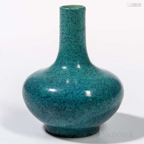 Small Robin's Egg Blue-glazed Bottle Vase, China, 19th/20th century, squat globular form with slender neck, on a raised straight foot,