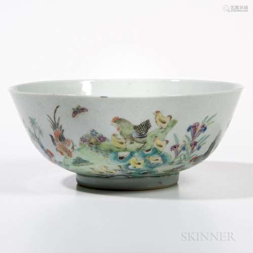 Famille Rose Bowl, China, 19th century, shallow wide bowl on a raised foot, decorated with a garden scene with a chicken with chicks an