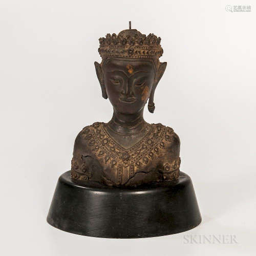 Bronze Bust of Buddha, Thailand, possibly late Ayutthaya period, in a royal robe and crown, trace of gilt to the face, with a stand, ht