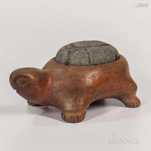 Lacquered Bamboo Turtle-shape Mortar, Korea, 19th/20th century, with a pebble pestle as the cover, incised with 