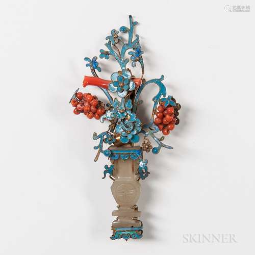 Ornamental Kingfisher Feather and Jade Pin, China, 19th/20th century, kingfisher feather on enamel, jade, and coral on gilt-metal, depi