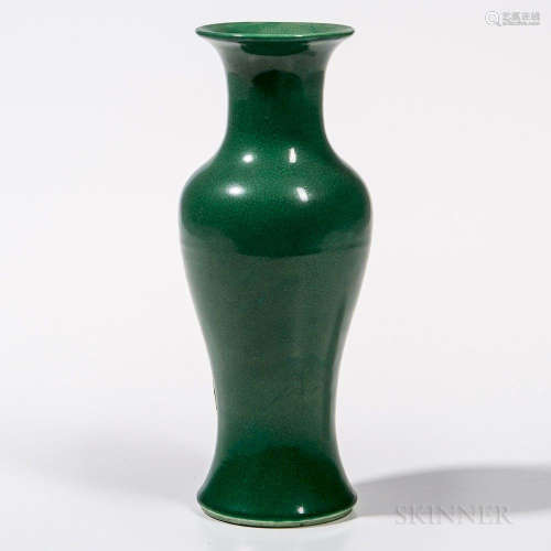 Small Crackled Apple Green-glazed Vase, China, 19th century, baluster shape with trumpet mouth, cream-glazed base and interior, allover