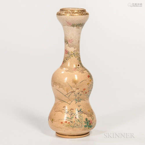 Kyoto Satsuma Double-gourd Vase, Japan, 20th century, with long neck and bowl-shape mouth, decorated with flowers among misty clouds, m