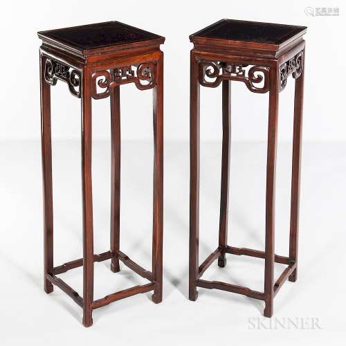Pair of Hardwood Tall Stands, China, late 19th/early 20th century, burlwood panels set in hardwood frames, concave waist, geometric ope