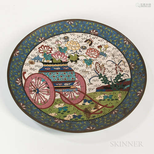 Cloisonne Dish, Japan, 20th century, decorated with a flower vase in a wheeled wagon encircled with a patterned band around rim, dia. 1