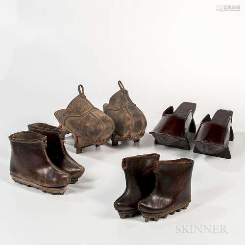 Four Pairs of Leather and Lacquer Shoes, China, 19th/20th century, two pairs of lacquer platform shoes and two pairs of leather studded