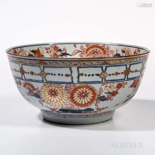 Large Export Imari Punch Bowl, China, 18th/19th century, with floral bands, brown rim, gilt details, ht. 4 7/8, dia. 10 1/4 in. Provena