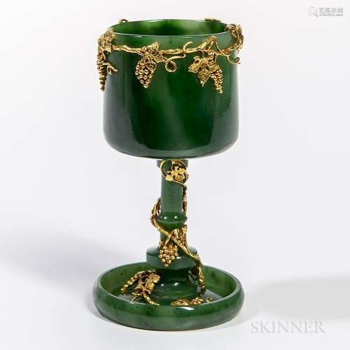 Jade and Gilt Wine Goblet, Russia or China, spinach green stone, the cylindrical cup and stem decorated with gilt-metal repousse traili