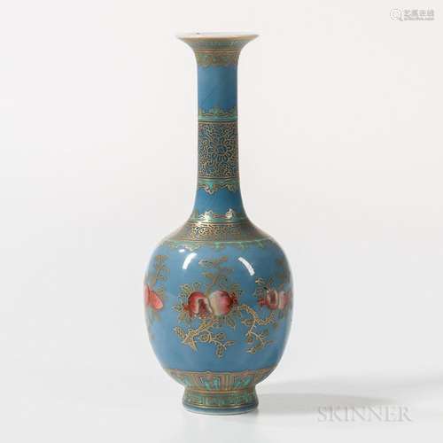 Gilt/Enameled Sky Blue-glazed Bottle Vase, China, 19th century, oviform with long neck and trumpet mouth, resting on a stem foot, decor