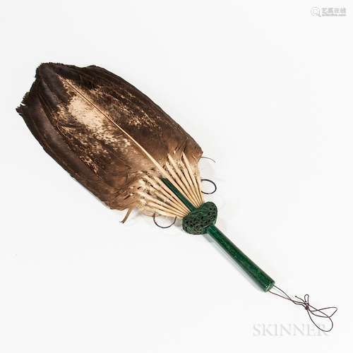 Feather Fan with Faux Malachite Handle, China, the twelve big bird feathers tied with a metal string to the handle decorated with openw