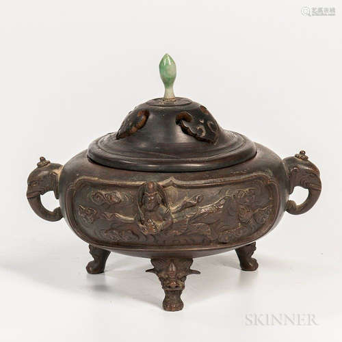 Bronze Tripod Handled Censer and Wood Cover, China, 19th/20th century, compressed globular form on animal mask feet, with elephant head