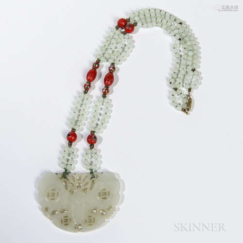 String of Beads with Jade Butterfly Pendant, China, the butterfly with four openwork double coins, the beads in faux cinnabar, cloisonn