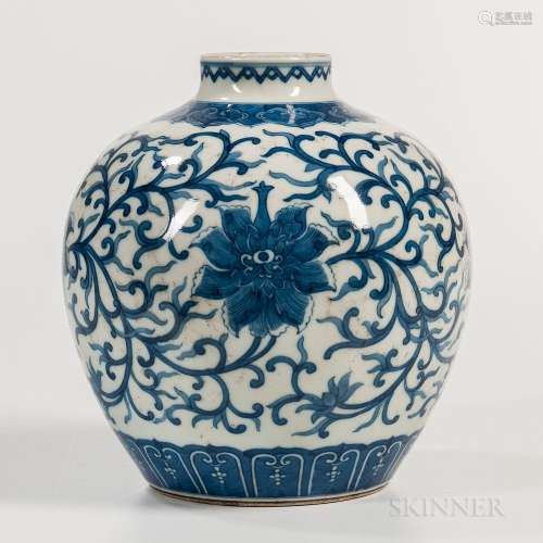 Blue and White Jar, China, 19th/20th century, globular form with short raised neck and rolled mouth, decorated with lotus scrolls and p