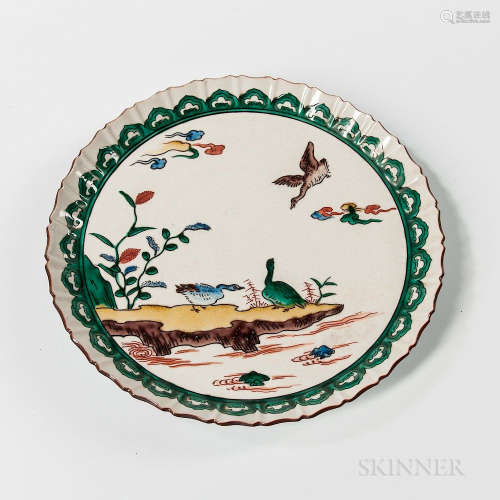 Ko-Kutani-style Dish, Japan, 18th century, with brown-glazed rim, decorated with a landscape with geese near a river, below a ruyi band