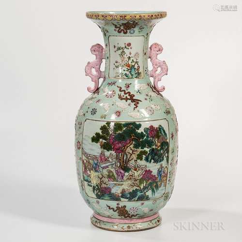 Massive Famille Rose Enameled Vase, China, late 19th century, baluster-shape, with openwork chilongs in pink, decorated with illustrate