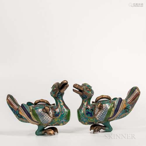 Pair of Cloisonne Duck-shaped Censers, China, early 20th century, each duck seated with a lotus stalk in its mouth, the cover with lotu