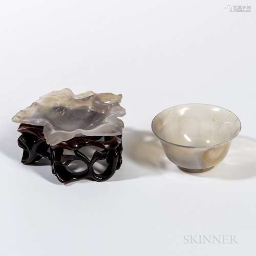 Agate Dish and a Cup, China, leaf-shape dish with incised details, on an openwork stand, translucent white stone with wispy russet fiss