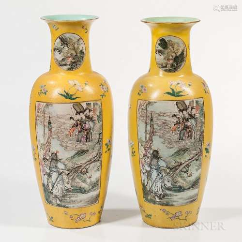 Pair of Tall Famille Jaune Sgraffito Vases, China, early 20th century, oviform with high neck and flaring mouth, decorated with Daoist