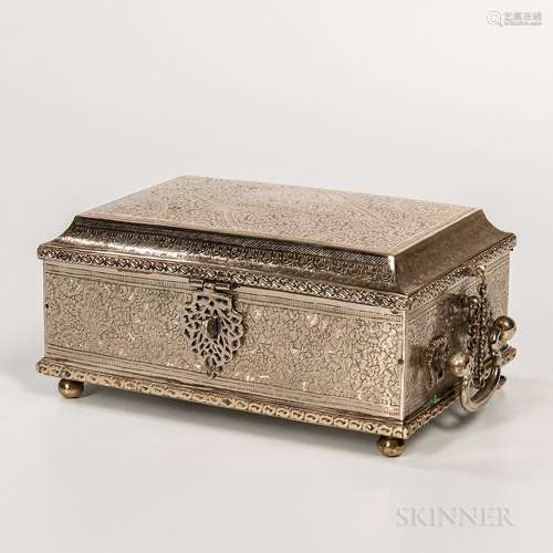 Silver Box with Handles and Chains, India, rectangular form with hinged cover, holding an inner tray with six compartments, handles and