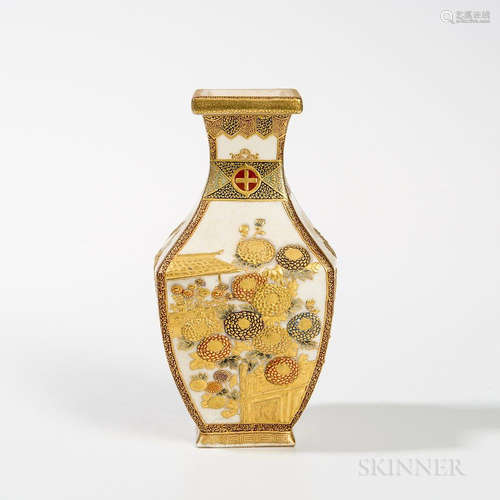 Four-sided Satsuma Vase, Japan, 19th century, angled pear shape with banded mouth and foot rims, each side decorated with a raised flor